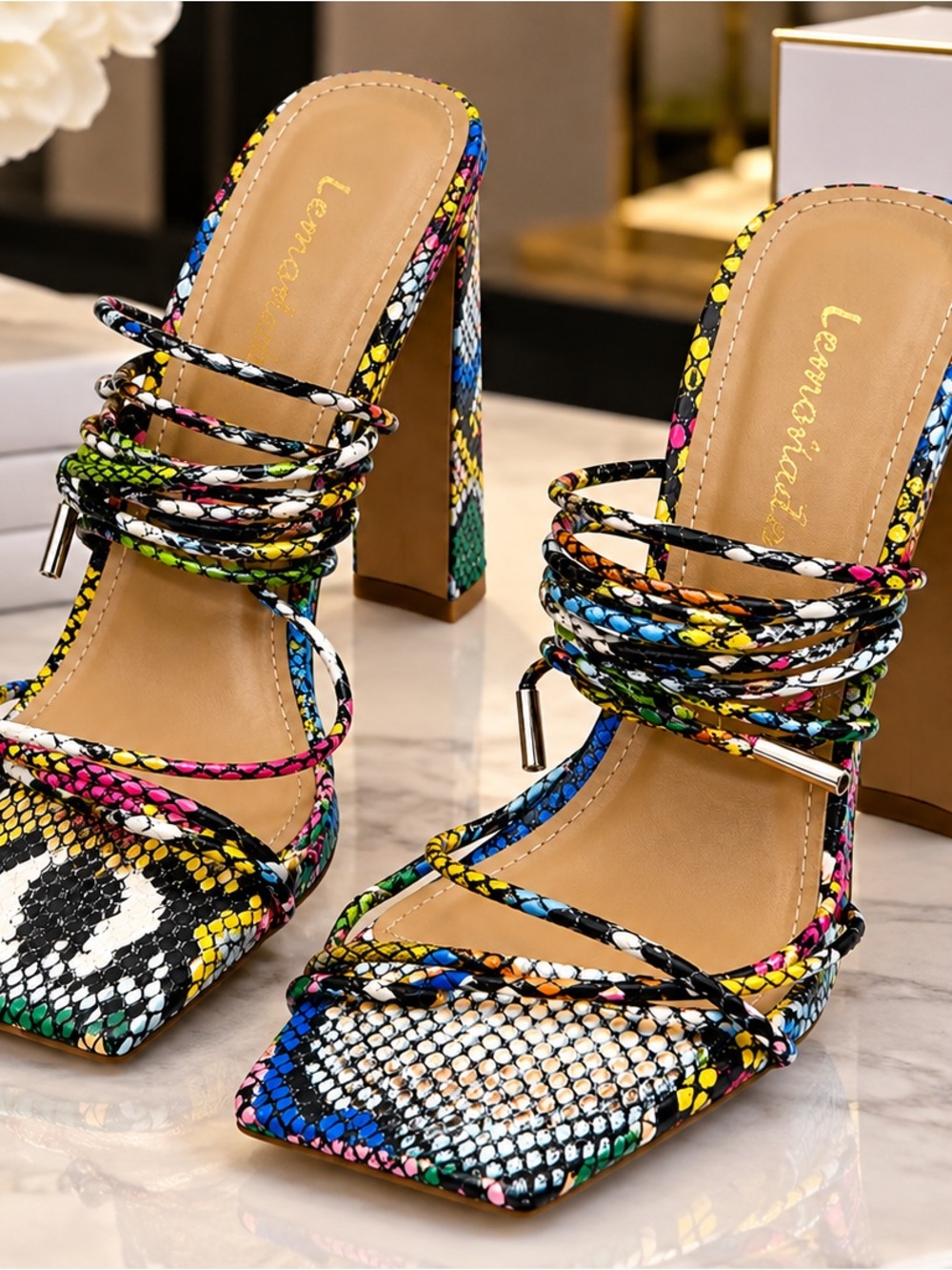 Multicolor Snake-Print Strappy Block Heel Sandals